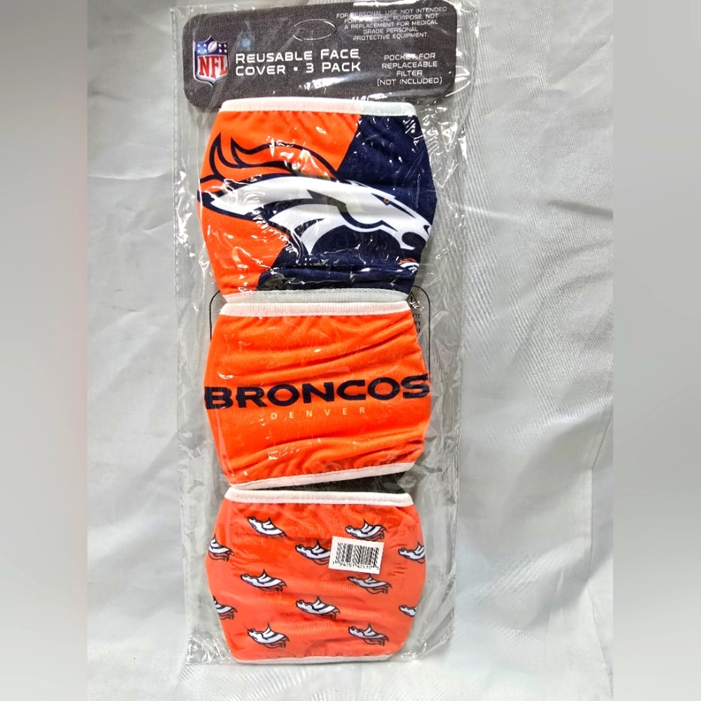 NFL Denver Broncos Reusable Face Cover 3 Pack - Orange and Blue